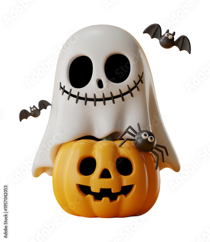3D Halloween Ghost with Pumpkin Jack O Lantern Bats and Spider Spooky Illustration