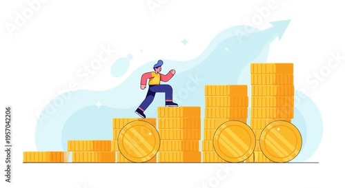 Business Person Climbing Upward Stacks of Golden Coins for Financial Growth Concept
