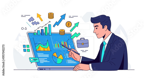 Business Professional Analyzing Financial Data Charts on Laptop Screen