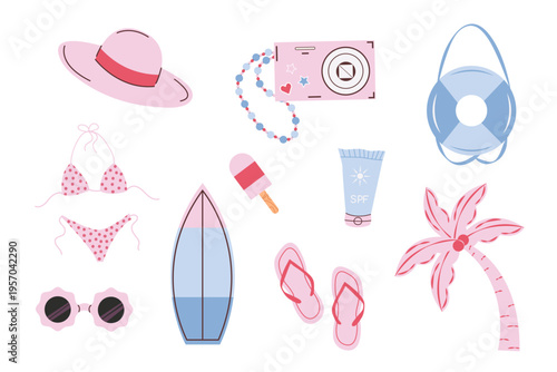 Summer set. Collection includes sun hat, camera, lifebuoy, sunglasses, surfboard, flip flops, sunscreen, ice cream and palm tree. Beach vacation concept.
