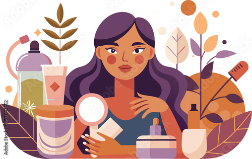 Woman applying skincare products with mirror and plants