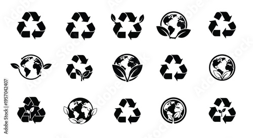Eco friendly icons set with recycling symbols and globe with leaves on white background for sustainability and environmental conservation concepts