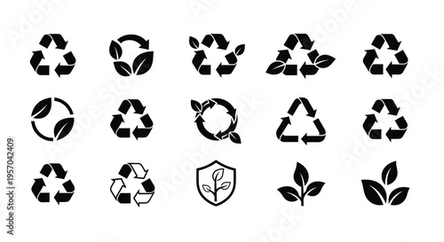Eco friendly recycling symbols with leaves on white background for sustainable practices and environmental conservation