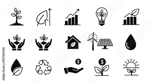Eco friendly icons set including green energy recycling and sustainable living symbols in black on white background