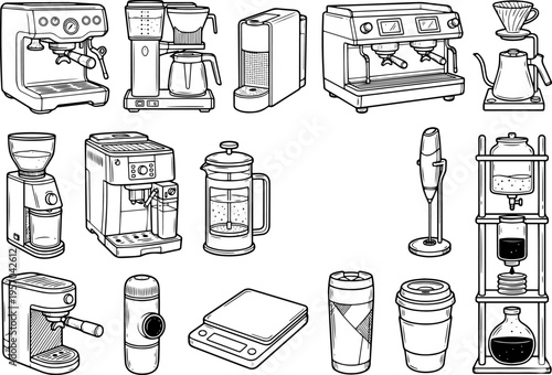 Black and White Coffee Maker Icons Set Vector Illustration Clip Art Bundle Espresso Machine French Press Pour Over Dripper Coffee Grinder Aeropress Moka Pot Cold Brew Accessories Cups