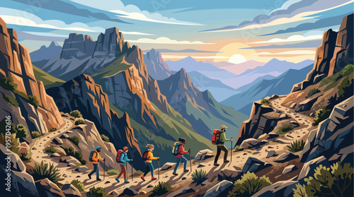 A diverse group of hikers with backpacks and trekking poles trek along a winding mountain path bathed in the warm glow of a vibrant sunrise.