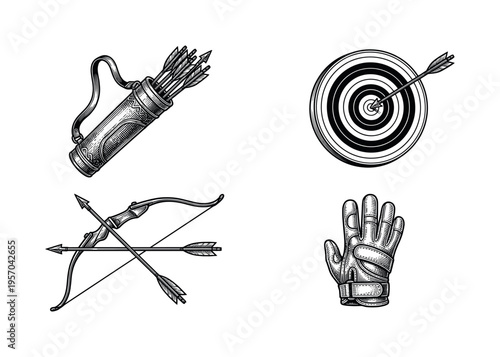 Vintage archery icons set in an engraving style. Includes bow, arrow, target, quiver, and glove. Vector illustration for sports, hobby, or goal-oriented design.