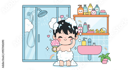 A cartoon child in a white towel standing in a bathroom with a shower, sink, and various toiletries, holding a pink cup.