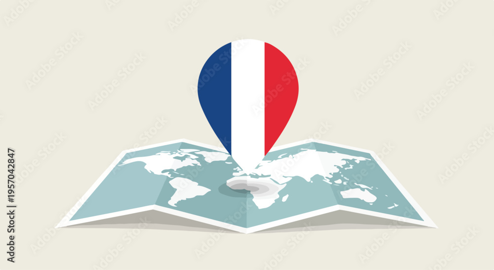 Naklejka premium Illustration of a map with a French flag pin on a white background, symbolizing travel or location.