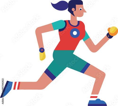 Woman running with dumbbells in colorful athletic wear