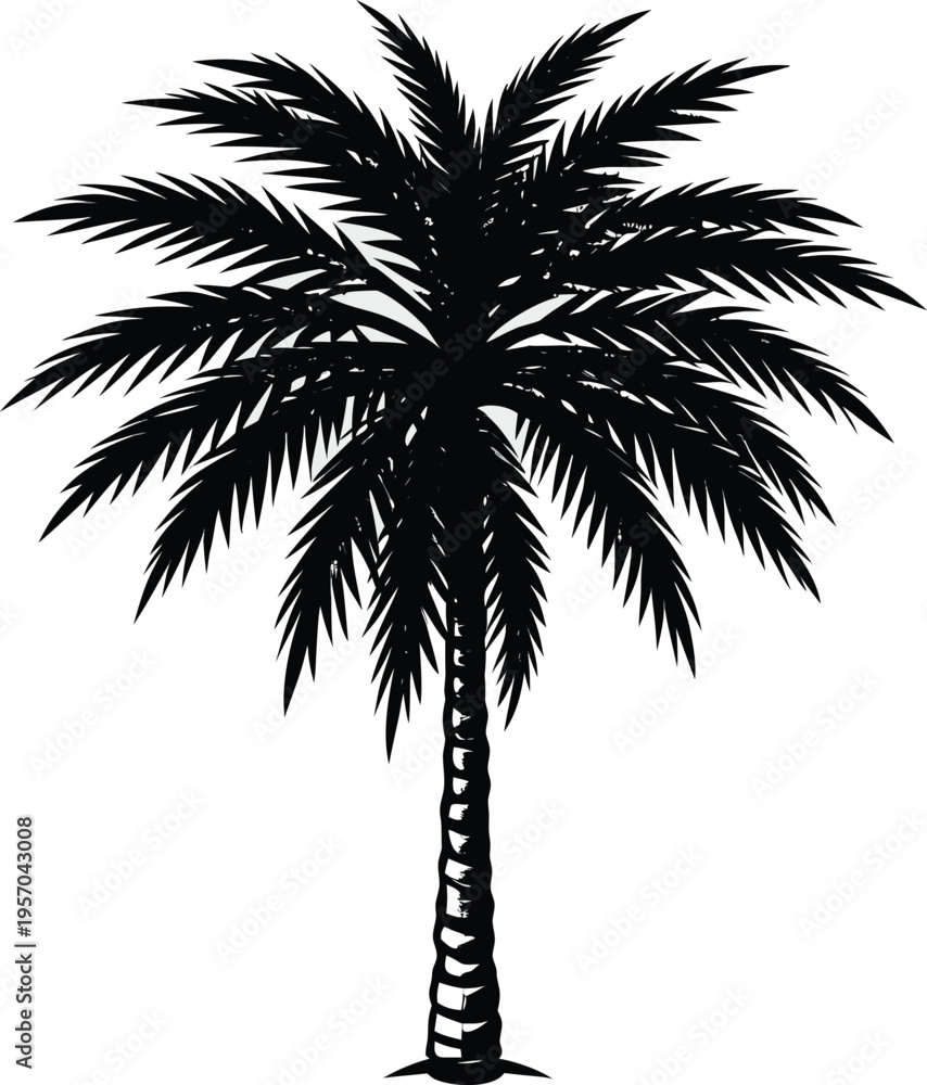 Obraz premium A detailed, high-contrast illustration of a palm tree against a stark white background. The palm tree is the central subject, depicted in black ink, featuring intricate details of the fronds and trunk