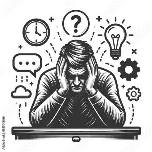 man holding his head, surrounded by icons symbolizing stress, problem solving, ideas, and mental overload sketch engraving generative ai vector illustration. Scratch board imitation. Black and white.