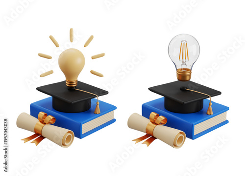 3D Learning and Knowledge Symbol with Academic Hat Scroll Certificate and Innovation Light