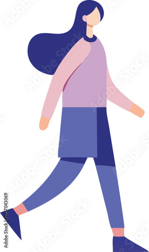 Woman walking in purple and blue outfit