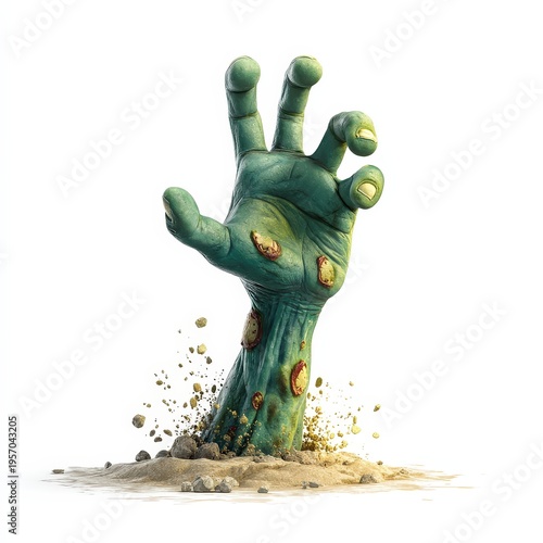 Zombie Hand Bursting from Ground Isolated on White Background