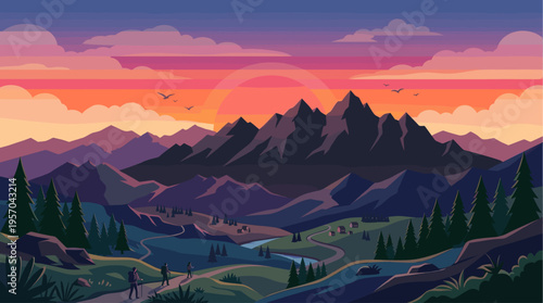 Stylized mountain landscape with hikers on a trail at sunset, overlooking a village nestled in the valley below, under a colorful sky.
