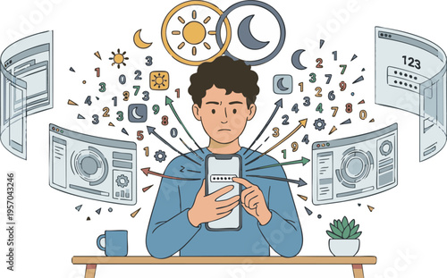 Man overwhelmed by digital data and smartphone notifications