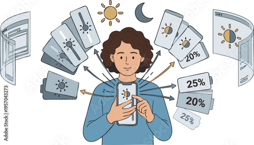 Person managing mobile phone battery and screen brightness