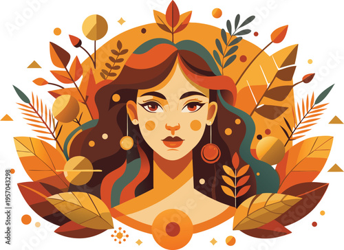 Woman with autumn leaves and colorful hair