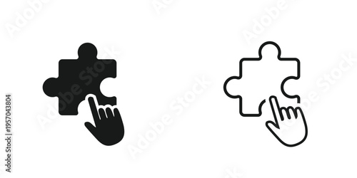 Two puzzle pieces one solid black and one outlined are each being pointed to by a hand
