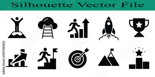 Collection of business success and achievement icons in silhouette style  symbols of growth and progress