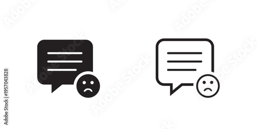 Two black and white speech bubbles with sad faces representing negative communication or feedback high-quality professional