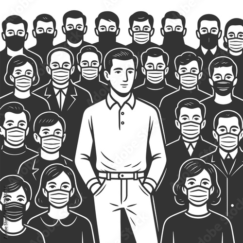 lone man without a mask surrounded by masked people, individuality, social pressure, pandemic society, and isolation sketch engraving generative ai vector illustration. Scratch board. Black and white.