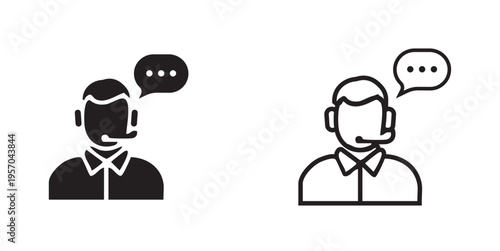 Two black silhouette icons depict people with headsets one speaking into a microphone and the other listening