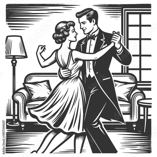 stylish couple dancing together in living room, romantic vintage scene with classic interior sketch engraving generative ai fictional character vector illustration. Scratch board. Black and white.