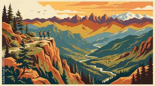 Three hikers stand on a cliff edge, admiring a vast mountain landscape with a winding river and distant snow-capped peaks under a warm, stylized sky.