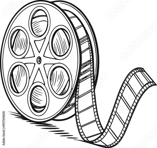 A detailed, monochrome illustration of a film reel and film strip. The film reel, positioned on the left side of the image, is rendered in a three-quarter perspective, showcasing its circular form wit