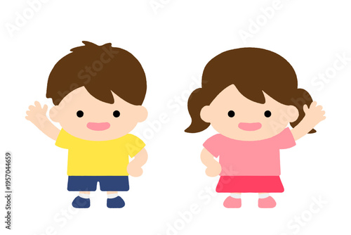 シンプルでかわいい子供のイラスト 男の子と女の子の手を挙げているキャラクターイラスト素材