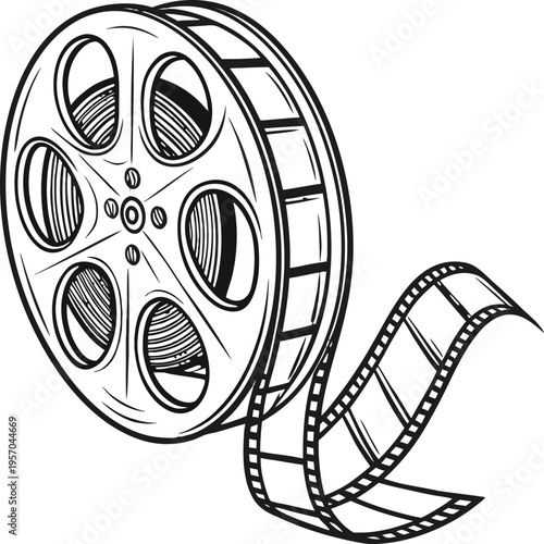 A detailed, monochrome illustration of a film reel and film strip. The film reel, positioned on the left side of the image, is rendered in a three-quarter perspective, showcasing its circular form wit