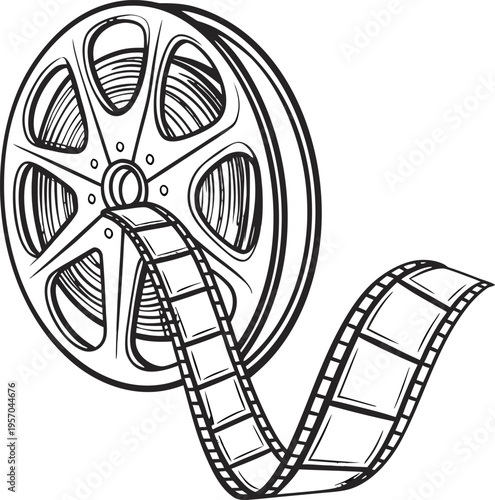 A detailed, monochrome illustration of a film reel and film strip. The film reel, positioned on the left side of the image, is rendered in a three-quarter perspective, showcasing its circular form wit