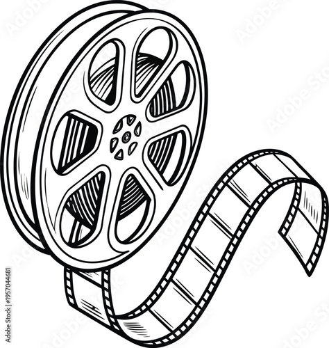 A detailed, monochrome illustration of a film reel and film strip. The film reel, positioned on the left side of the image, is rendered in a three-quarter perspective, showcasing its circular form wit