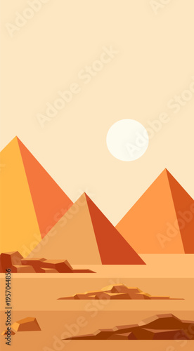 Pyramids in a hot desert. Desert landscape with pyramids on a hot day. Sketch for use in art.