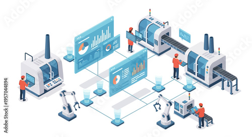 Isometric illustration of a modern industrial data analytics dashboard with people working in a factory setting, showcasing technology and efficiency in a futuristic business environment.