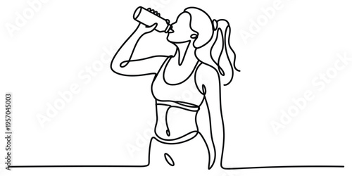 Continuous line drawing of an athletic woman drinking water from a bottle after a fitness workout