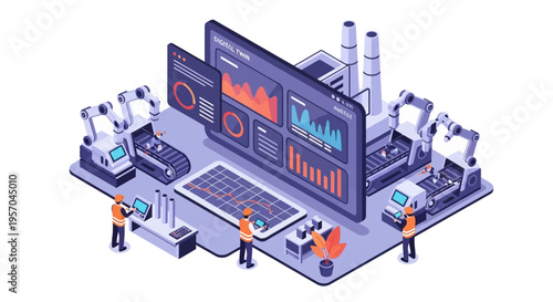 Isometric illustration of people working around a large data analytics dashboard in a modern industrial setting with technology and innovation elements.