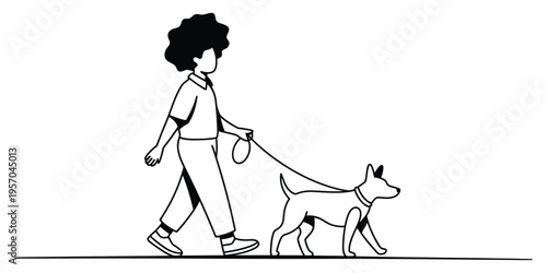 A young person with curly hair taking their small dog for a relaxing walk outdoors in the morning