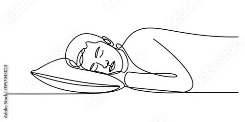 Continuous single line drawing of a person sleeping peacefully on a soft pillow during the night