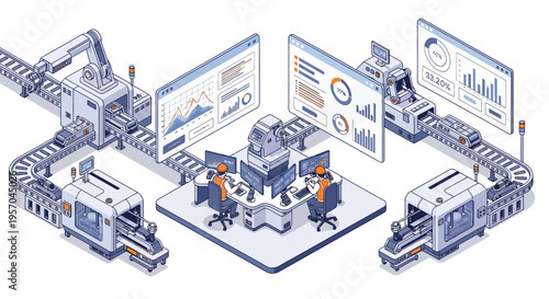 Isometric illustration of people working with industrial data analytics dashboard in a modern factory setting with technology and innovation elements.