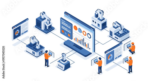 Isometric illustration of people interacting with a large data analytics dashboard on a computer screen surrounded by various technology and industrial icons in a modern business setting.