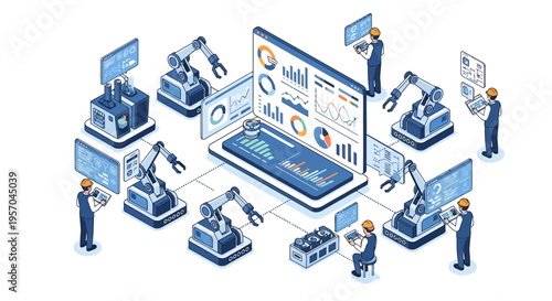 Isometric illustration of people working with industrial robots and a large data analytics dashboard on a laptop and computer screens in a modern factory setting with blue tones.