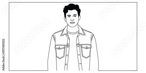 A simple black and white line art illustration of a young man wearing a casual denim style jacket