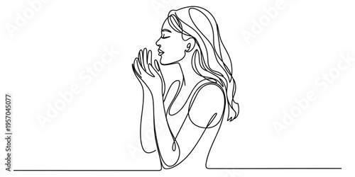 Continuous line drawing of a young woman smelling her hands with a calm and peaceful expression