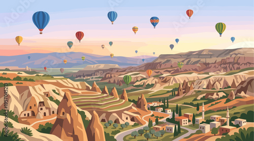 A picturesque landscape scene of multiple hot air balloons floating above a village and mountainous terrain in Cappadocia, Turkey at sunrise.