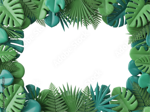 3D Tropical Leaves Frame with Lush Green Foliage Border Jungle Background Design