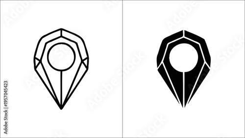 Two variations of a geometric map pointer icon displayed in both outline and solid black styles Vector
