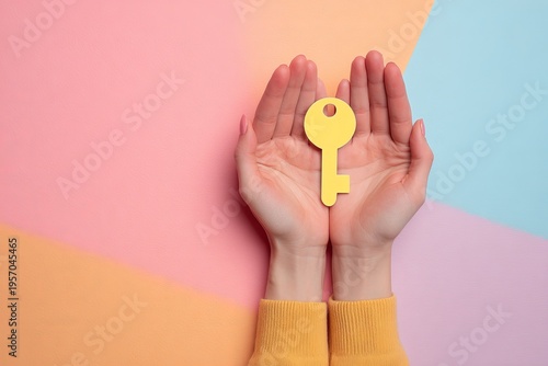 Hands holding paper key access opportunity solution concept
